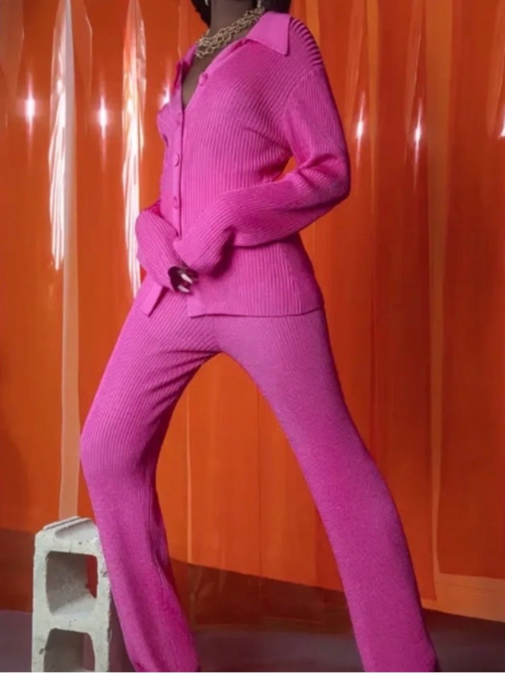 Hanifa Capsule Ribbed Knit Sweater Pant Set in hot pink size XS